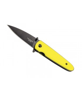 Herbertz 589909 Couteau, lame noire acier 420 à cran int. et à bouton, flipper & syst. ouvert. assis., man  9 cm alu. jaune fluo