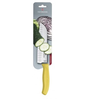Victorinox 6.8526.17l8b Couteau Santoku, lame alvéolée 17 cm inox, manche polypropylène jaune, sur carte.