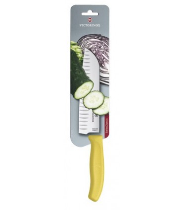 Victorinox 6.8526.17l8b Couteau Santoku, lame alvéolée 17 cm inox, manche polypropylène jaune, sur carte.
