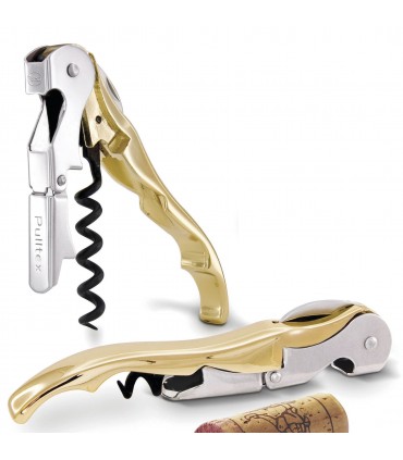 Pulltex 841 Couteau sommelier  PULLTAP'S  3 ps (lame micro-dentée, double levier avec décap., mèche noire), manche 12 cm doré.